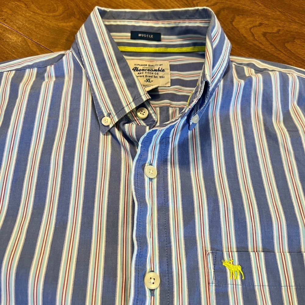 Abercrombie Fitch Mens Muscle Fit Striped Button Down Shirt XL Blue White Red‎